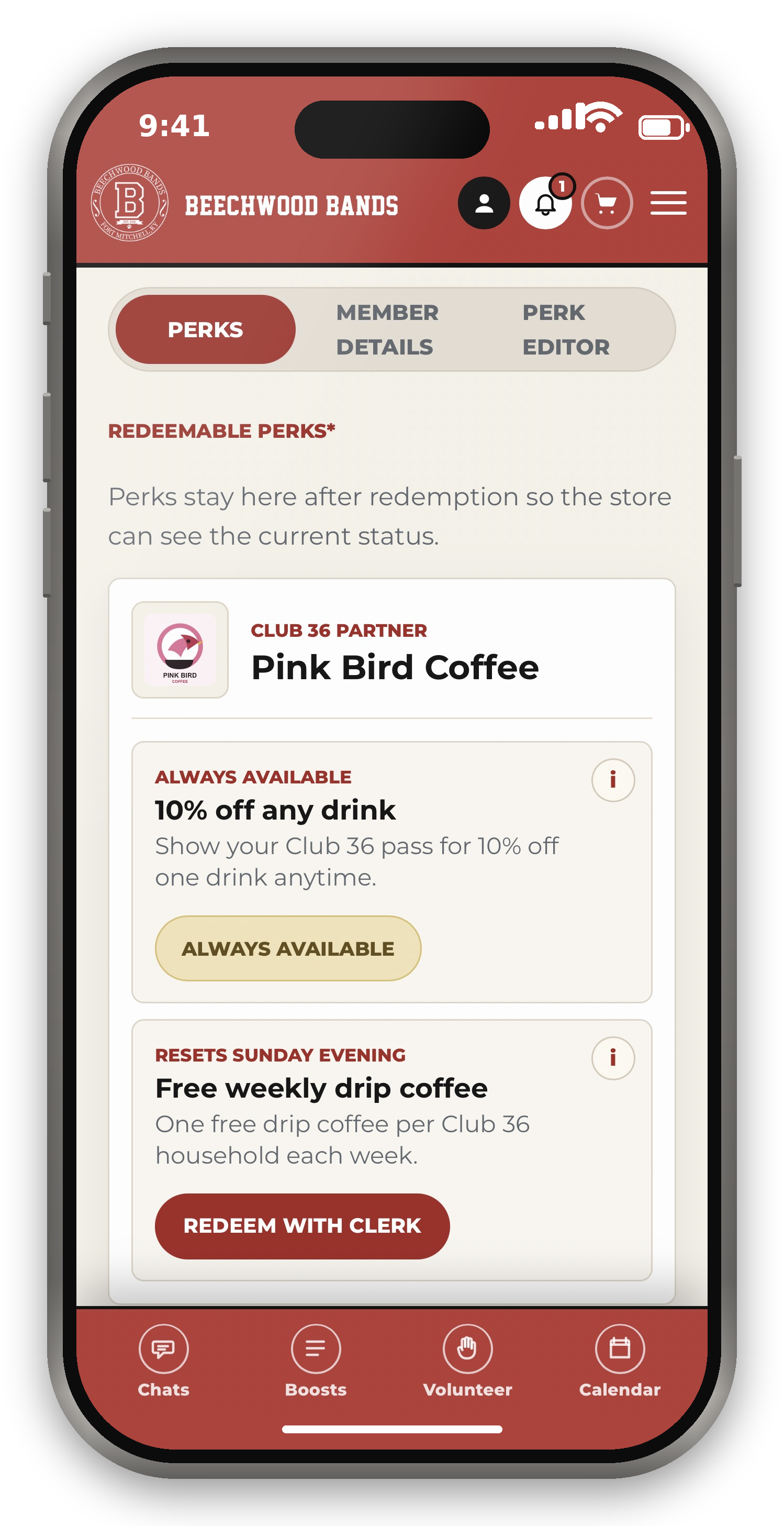 Club 36 mobile perk card preview