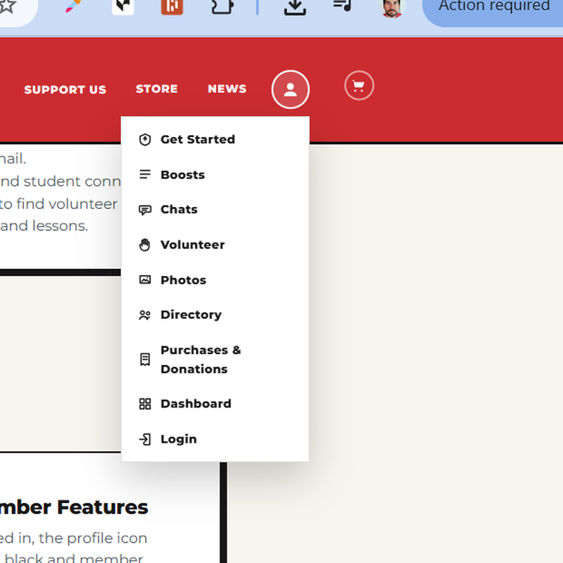 Profile dropdown open with Login visible