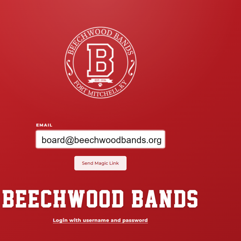 Magic link login form with board@beechwoodbands.org entered